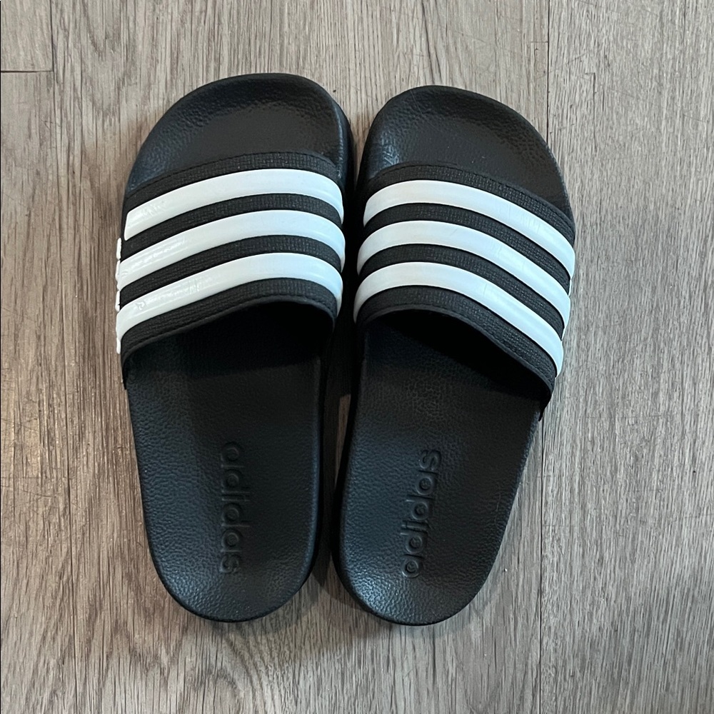Adidas Black Slides with White Stripes